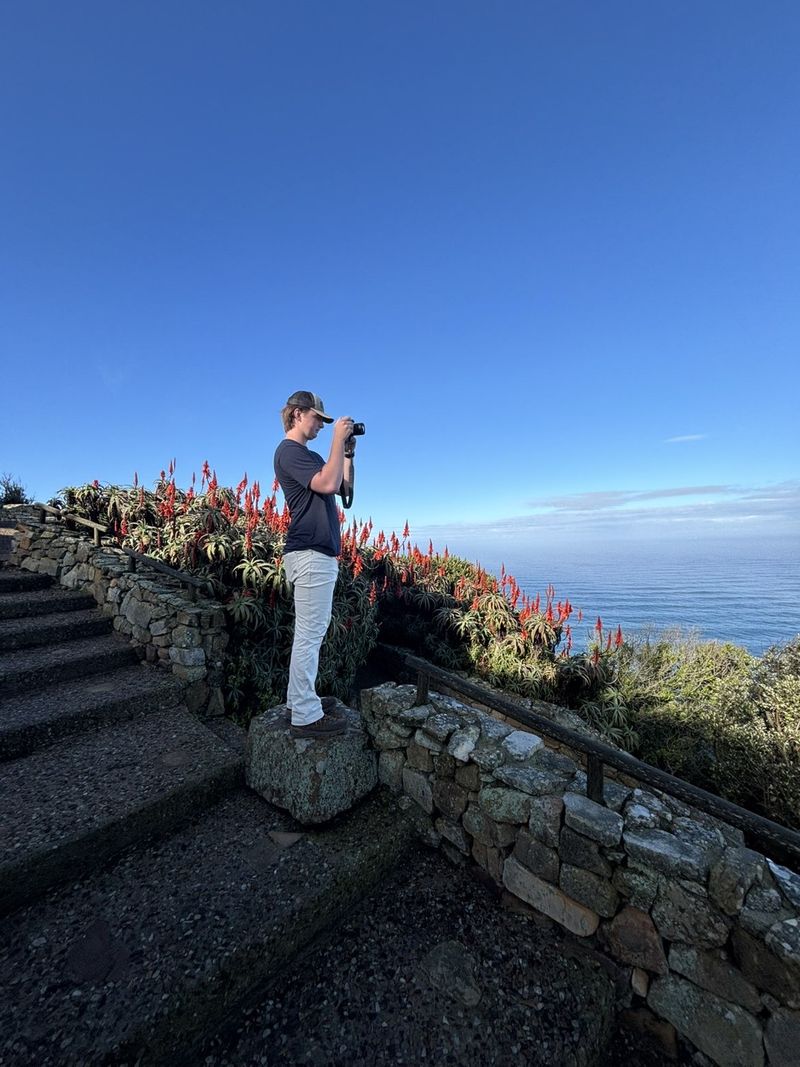 Johnny Bell takes a photo from a stone stairway above the ocean, red aloe in bloom behind him