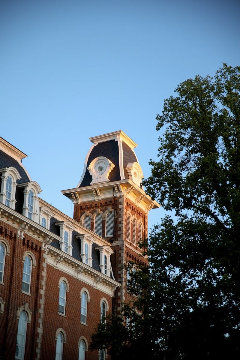 The brick tower of Old Main on the University of Arkansas campus catches the evening sun beside a tall tree